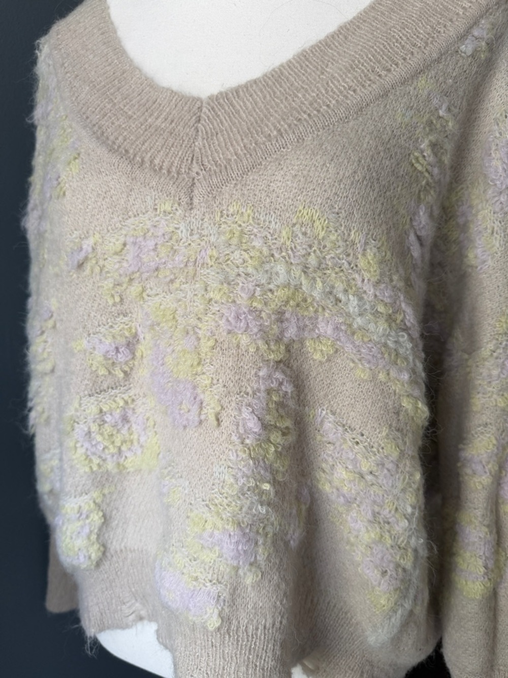 Anthropologie Beige V-Neck Sweater with Pastel Floral Accents - Picture 3 of 5